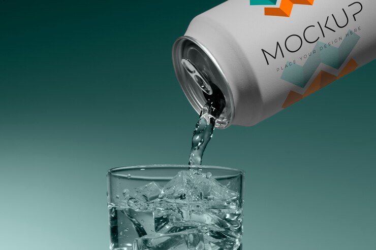 PSD mockup of drink can pouring liquid
