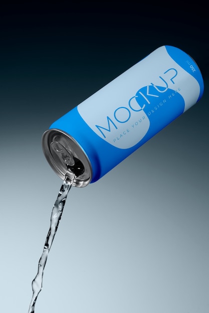 Mockup of drink can pouring liquid