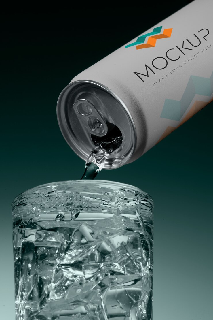 PSD mockup of drink can pouring liquid