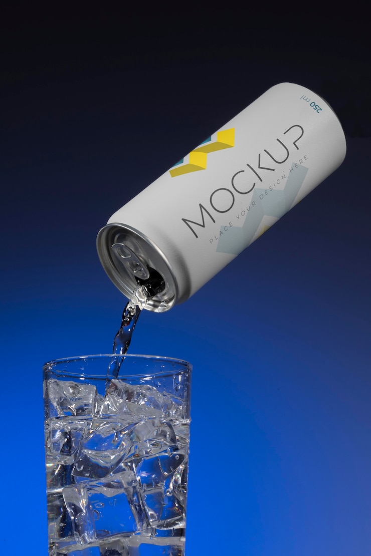 PSD mockup of drink can pouring liquid