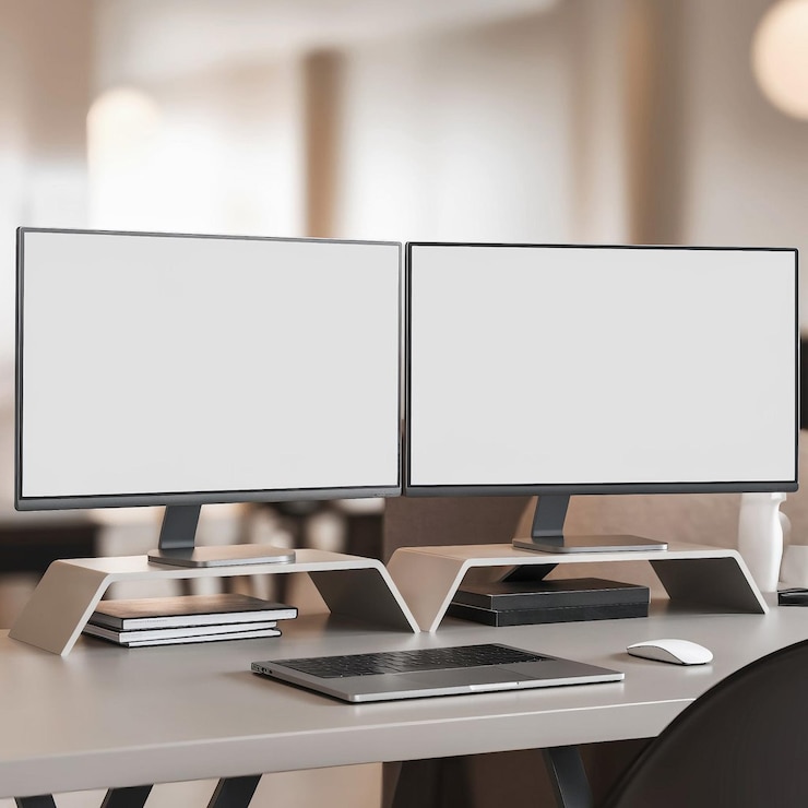 PSD mockup of dual monitor setup with blank screens on a wooden desk