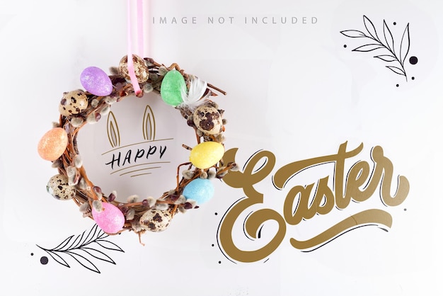 Mockup easter wreath handmade from spring branches of willow decorated painted colorful eggs hangs