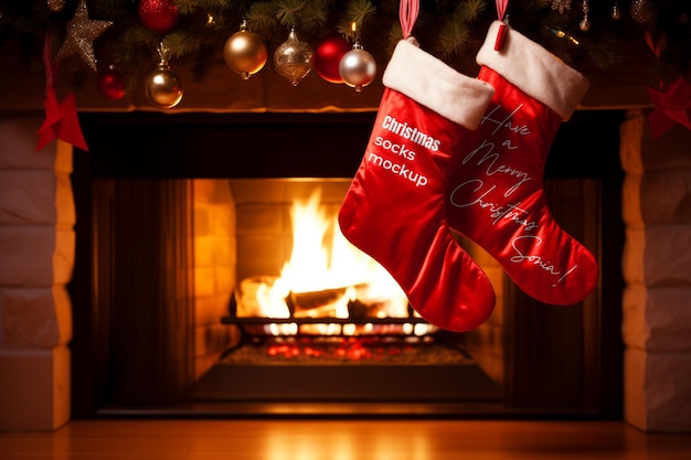 PSD mockup of embroidery design on a pair of red christmas socks