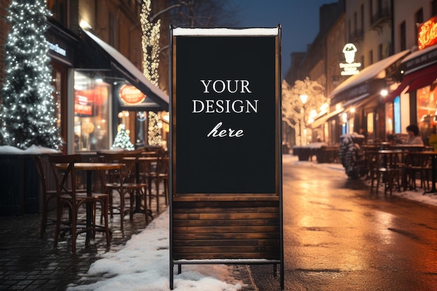 PSD mockup of empty information billboard screen in winter outdoors in evening city banner on sidewalk