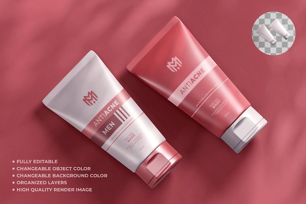 PSD mockup facial wash tube packaging cosmetic pink editable color