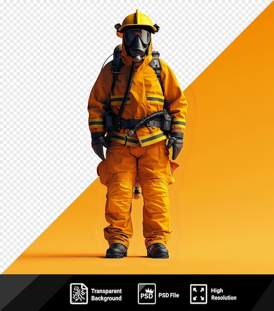 PSD mockup of a firefighter wearing a yellow hat and pants with a black strap visible in the foreground png