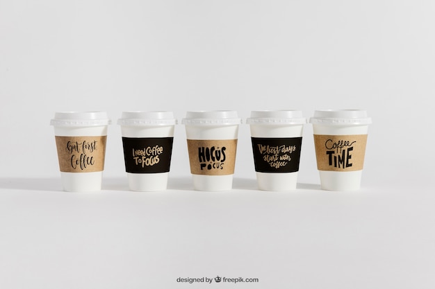 PSD mockup of five coffee cups