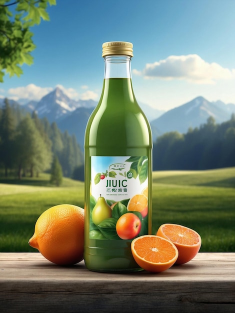 PSD mockup fles fruit sap naast een verse sinaasappel