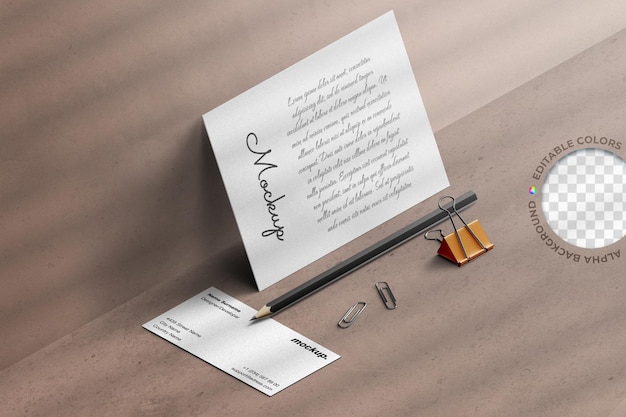 Mockup of flyer greeting and business card with stationery arrangement office work concept isometric