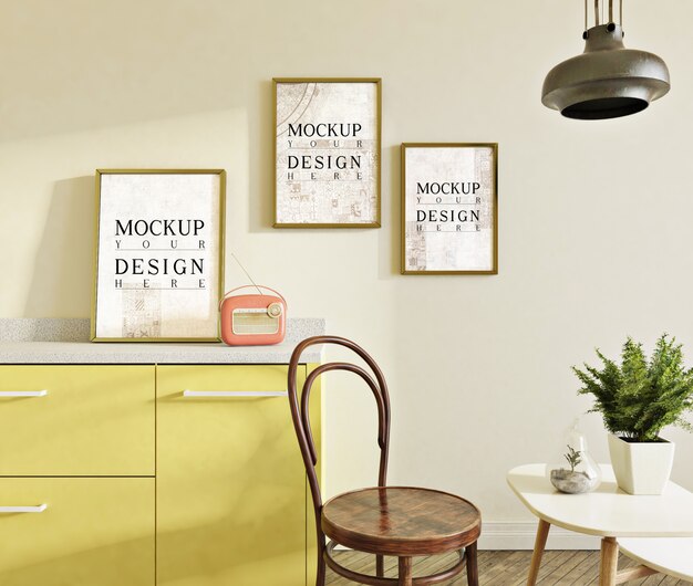 Mockup foto's in de moderne keuken met eetkamer set en zijstoel