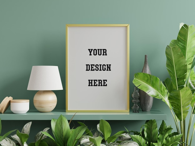 Mockup fotolijst op de groene plank met mooie planten