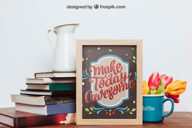 mockup of frame, books and mug