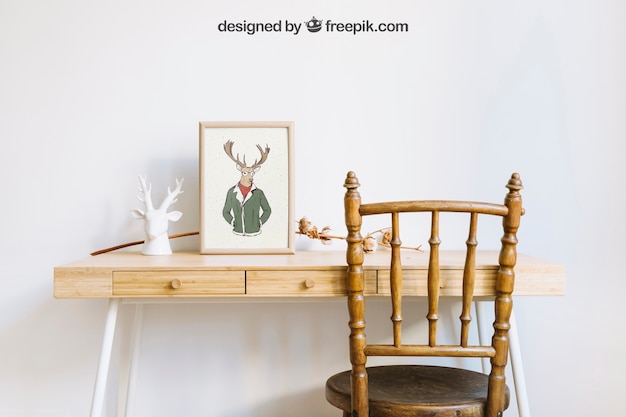 Mockup of frame on desk with chair