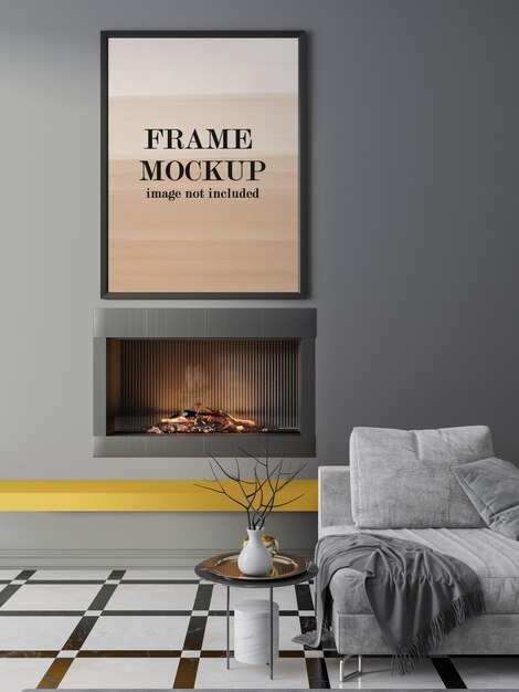 PSD mockup frame above fireplace on grey wall