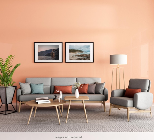 PSD mockup frame in living room interior in 3d rendering