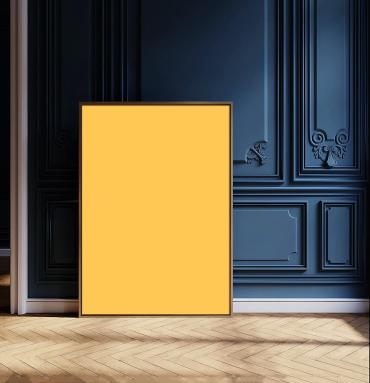 PSD mockup frame op een houten vloer met een zwarte achtergrond