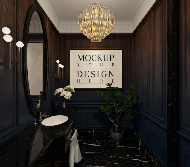 Mockup frame poster in luxury powder room