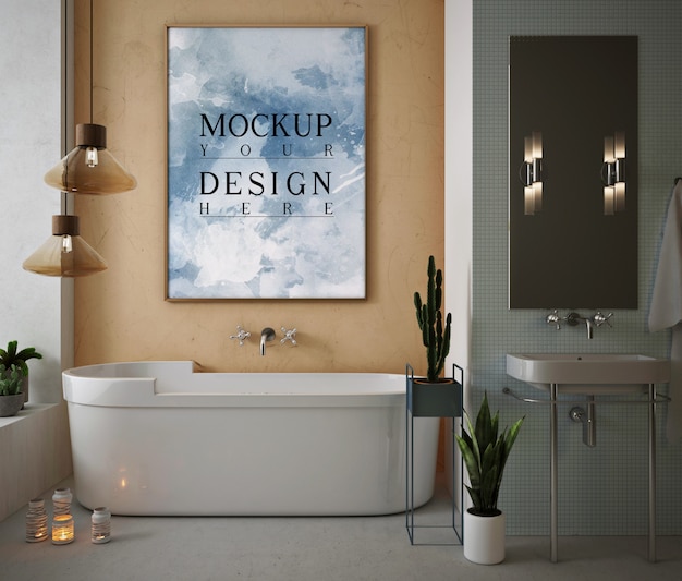 PSD mockup frame poster in modern and luxury bathroom