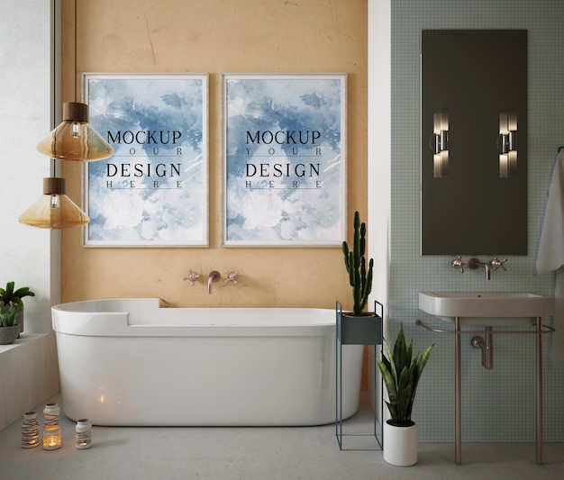 Mockup frame poster in modern and luxury bathroom