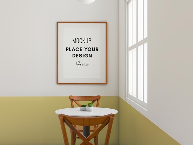 PSD mockup frame and window on minimalist room with wood chair