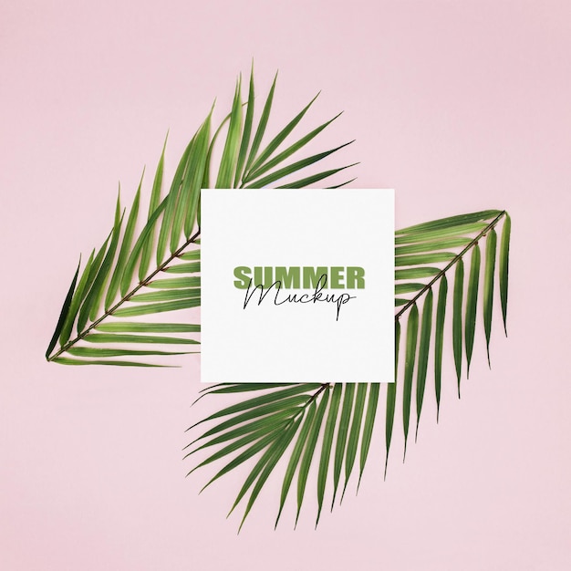 PSD mockup frame with palm leaves over pink background