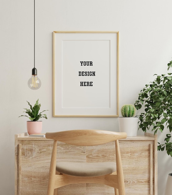 Mockup frame on wooden table in living with plants