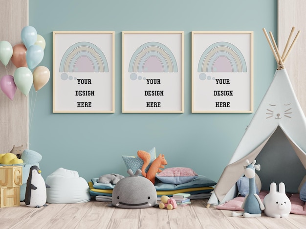 Mockup frames in child room interior on empty blue wall,3D rendering