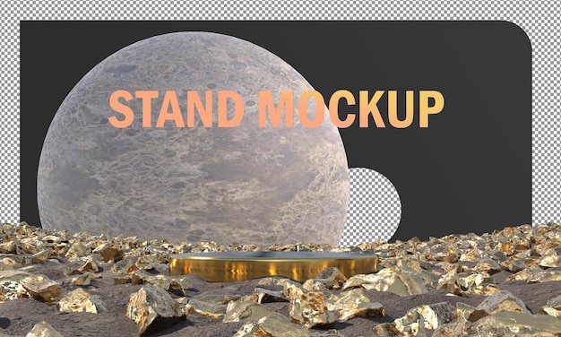 Mockup gold stand display met gouden rotsen concept abstract en maan achtergrond