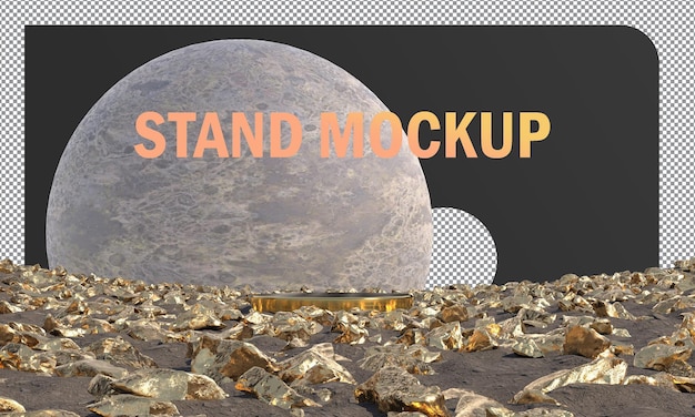 Mockup Gold stand display met gouden rotsen concept abstract en maan achtergrond