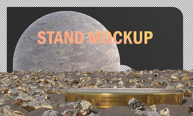 Mockup gold stand display met gouden rotsen concept abstract en maan achtergrond