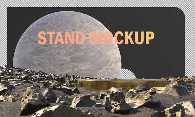 PSD 金の岩の概念の抽象と月の背景を持つモックアップ ゴールド スタンド ディスプレイ