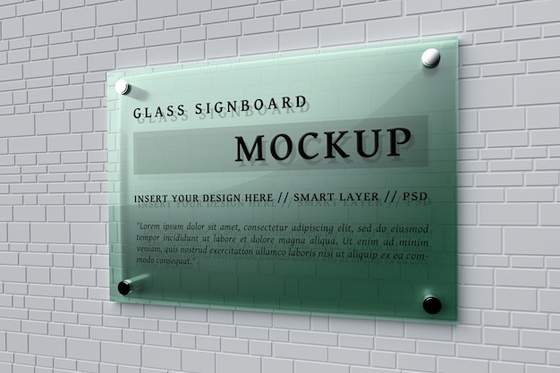 Mockup of green glass signboard pinned on wall