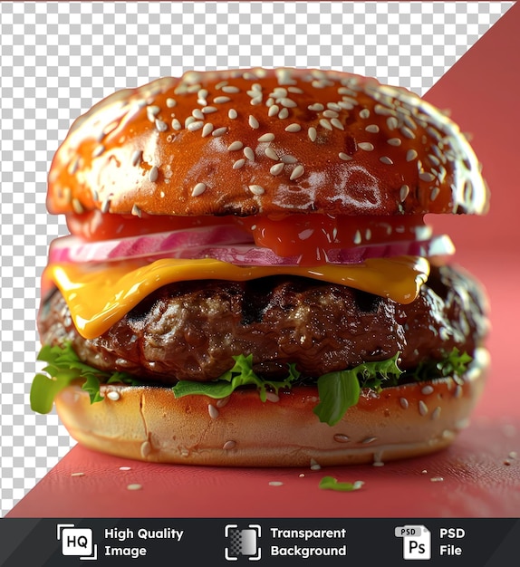 PSD mockup hamburger lezat con roti cokelat keju kuning bawang merah dan ungu di atas meja merah