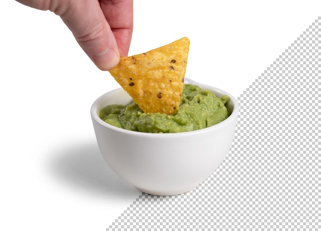 PSD mockup di una mano che immerge i nachos nella salsa guacamole