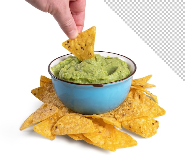 Mockup of a hand dipping nachos in guacamole sauce