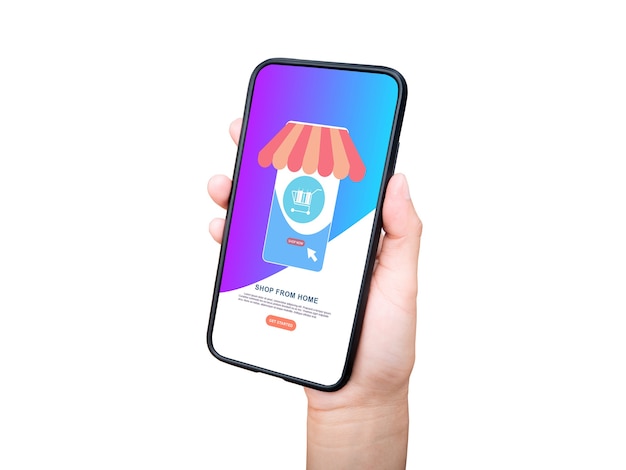 Mockup hand met smartphone van online winkelen