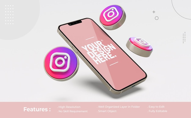 mockup instagram on mobile phone with icon 3d
