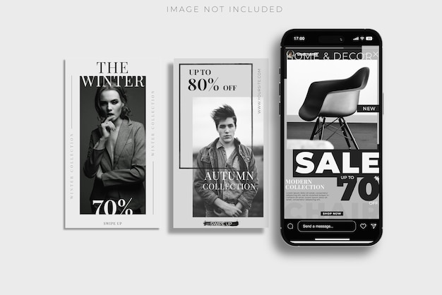 Mockup interfejsu historii dla smartfonów i mediów społecznościowych Mockup strony aplikacji mobilnej mediów społecznych Projekt szablonu strony dla karuzeli historii użytkownika