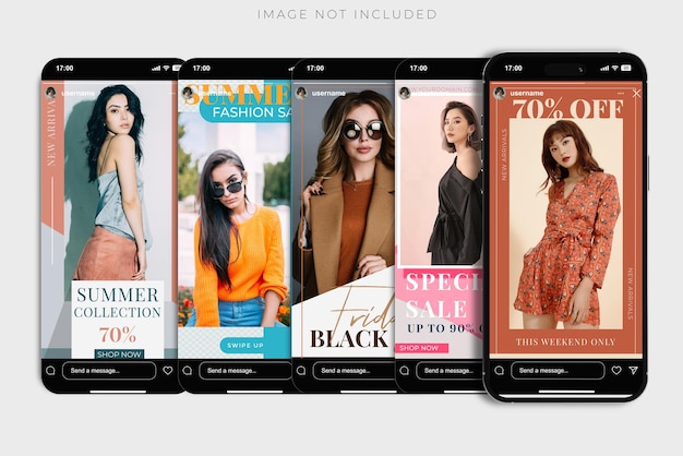 Mockup interfejsu historii dla smartfonów i mediów społecznościowych Mockup strony aplikacji mobilnej mediów społecznych Projekt szablonu strony dla karuzeli historii użytkownika