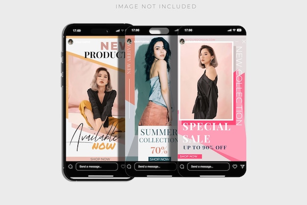 Mockup interfejsu historii dla smartfonów i mediów społecznościowych Mockup strony aplikacji mobilnej mediów społecznych Projekt szablonu strony dla karuzeli historii użytkownika