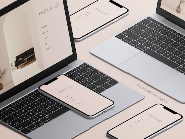 PSD mockup di laptop macbook isometrico e schermate di dispositivi smartphone