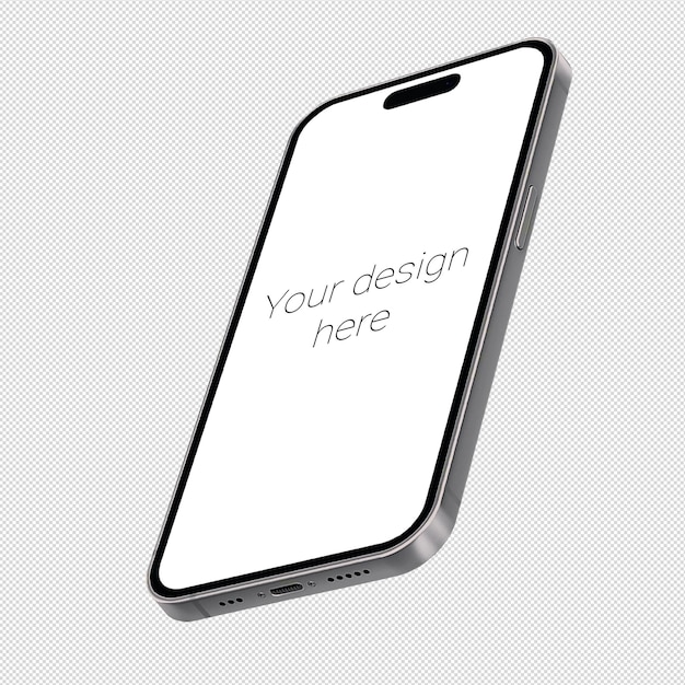 Mockup in isometric style of silver smartphone similar to iphone 15 without background