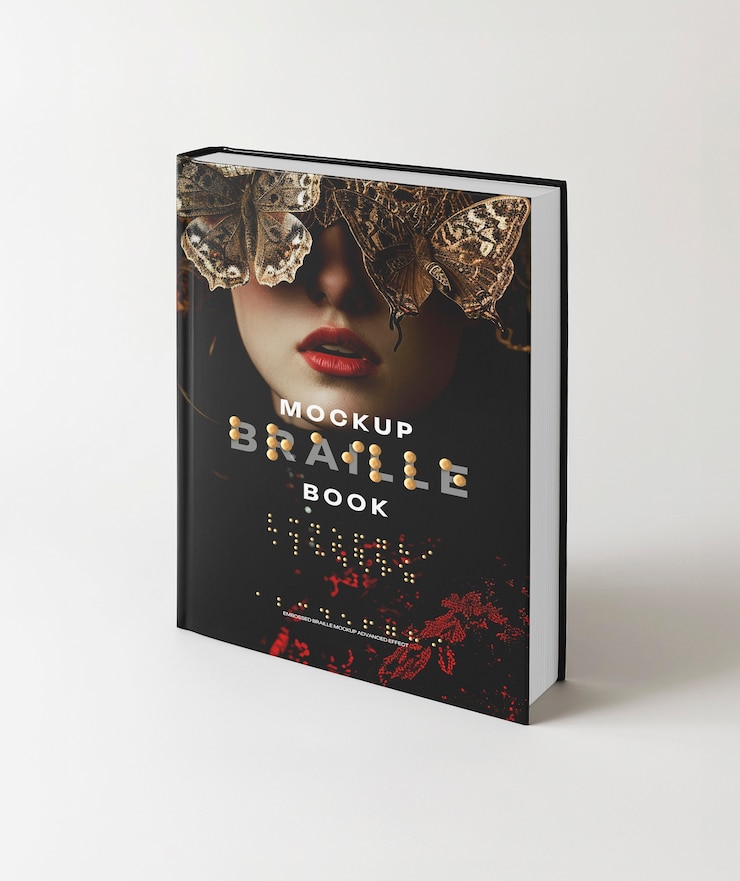 PSD mockup książki braille'a w pomieszczeniach