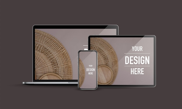 PSD モックアップ画面付きのラップトップコンピューター、タブレット、スマートフォンのモックアップ
