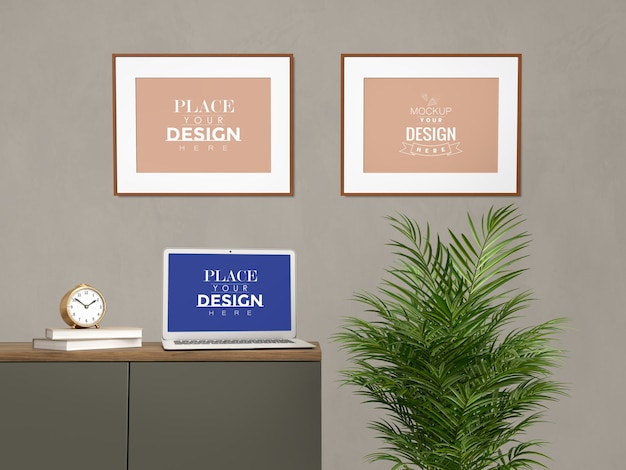 Mockup laptop, frame met huisdecoratie in het moderne interieur van de woonkamer.