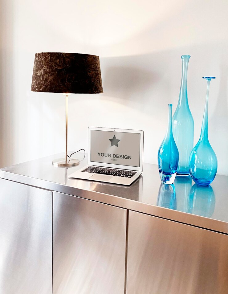 PSD mockup for laptop on metal cabinet