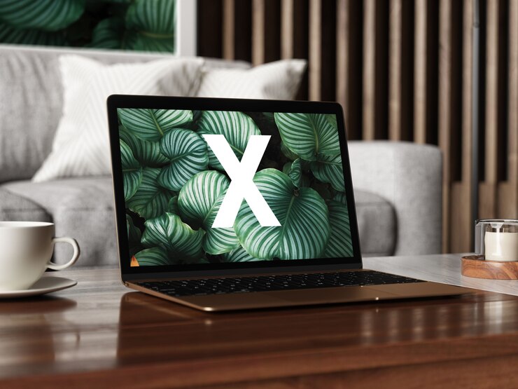 Mockup laptopa biurko kawy
