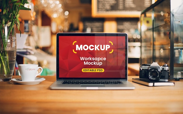 Mockup laptopa na drewnianym biurku w kawiarni