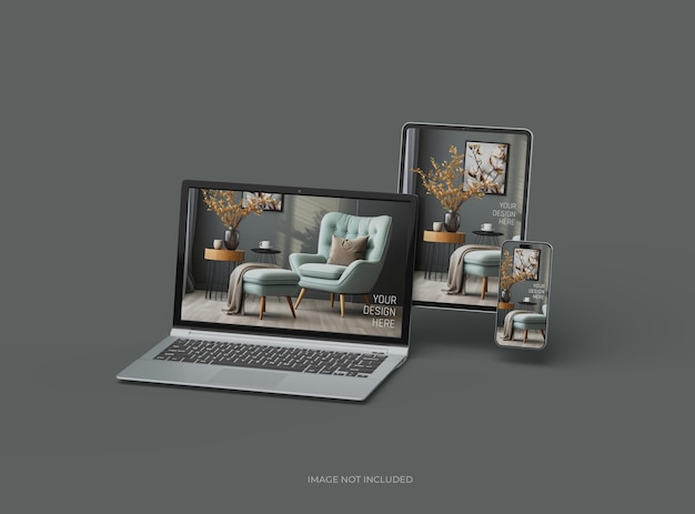 Mockup laptopa, smartfonu i tabletu dla UIUX Product Showcase 3D Render