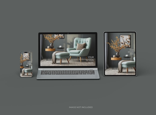 Mockup laptopa, smartfonu i tabletu dla UIUX Product Showcase 3D Render